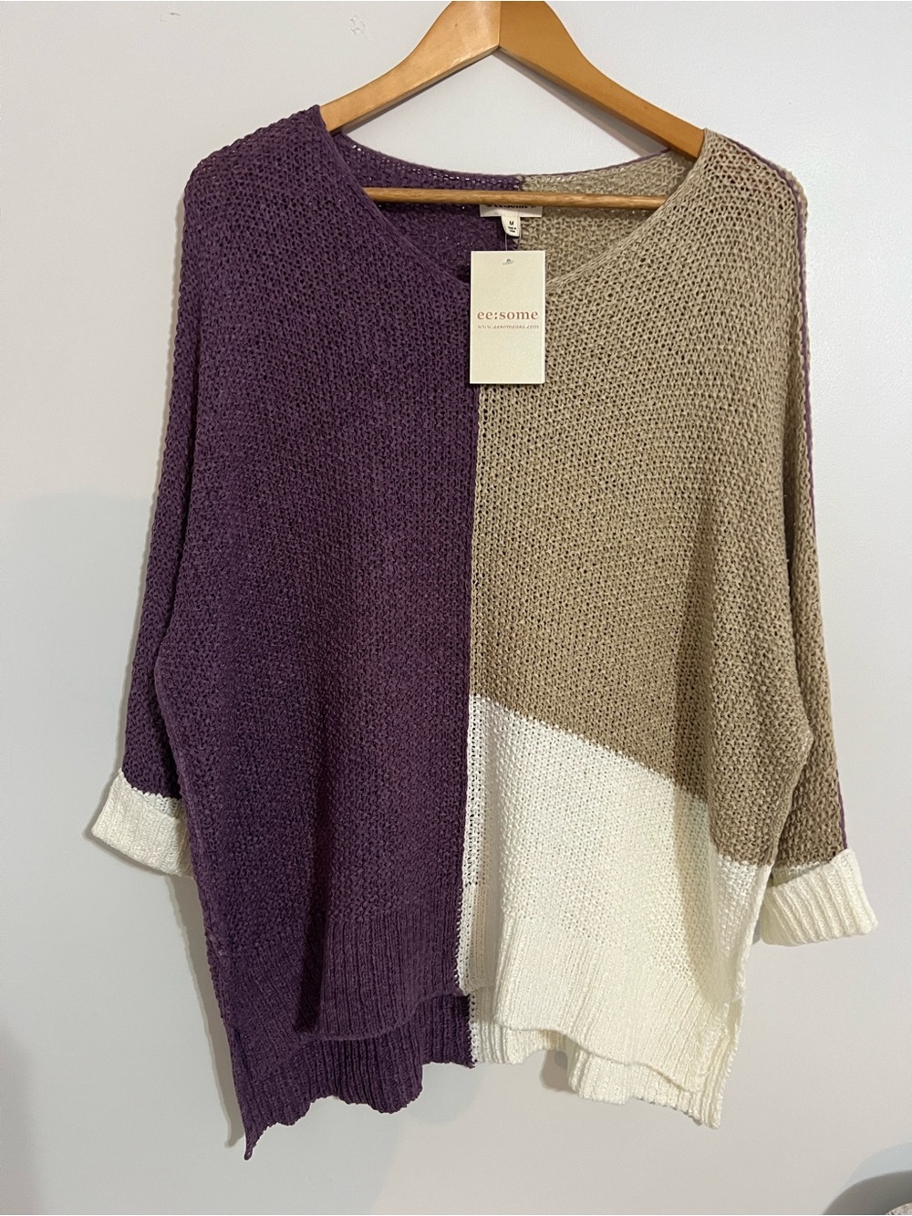 NWT eesome Plum, Taupe & Cream Color block Scoop Neck knitted Sweater